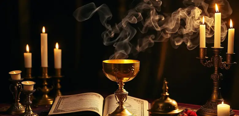 Calice, libro aperto e candelieri accesi su un tavolo rituale
