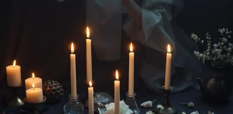 Tavolo rituale con candele bianche accese, fiori e pietre su un telo scuro